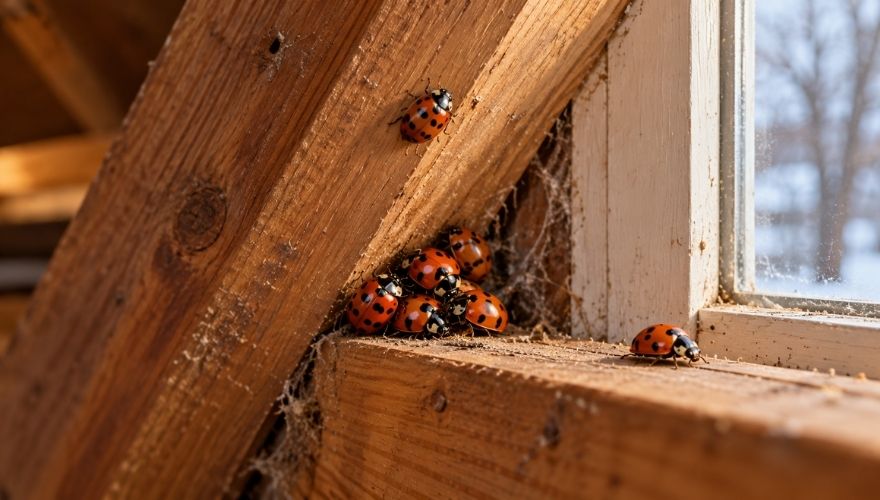 Asian lady beetles with orange-red shells and black spots clustering in an attic near a wooden window frame during winter.