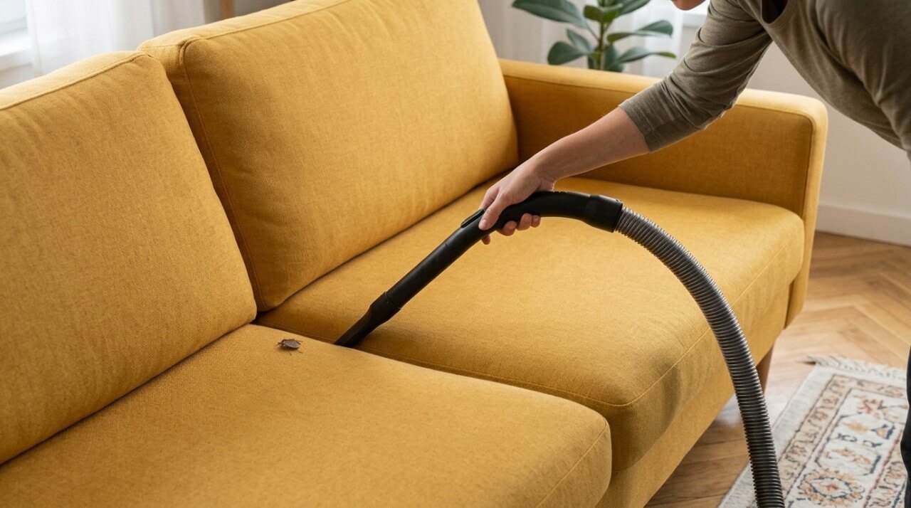 A person vacuums a small crumb from a mustard-yellow sofa with a hose attachment in a bright living room