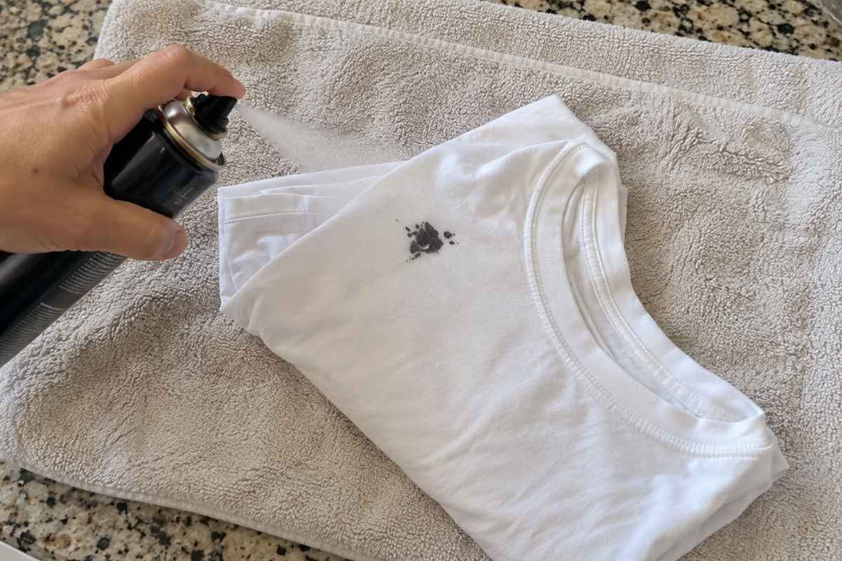 Hairspray is sprayed onto an ink stain on a white T-shirt.