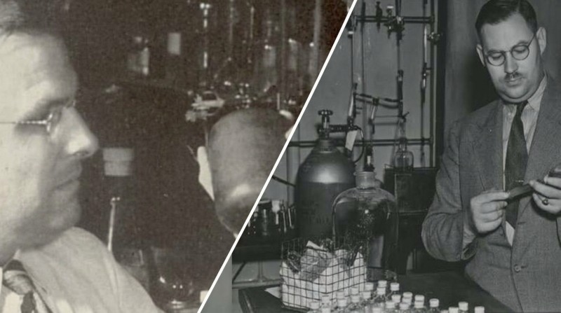 Black-and-white split image of bespectacled male scientists in a laboratory