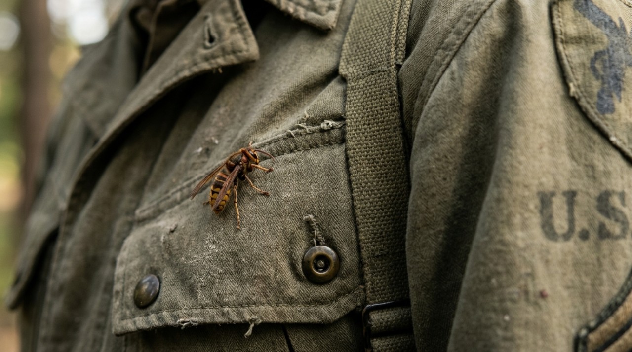 A wasp crawls across the pocket of a weathered U.S. military jacket