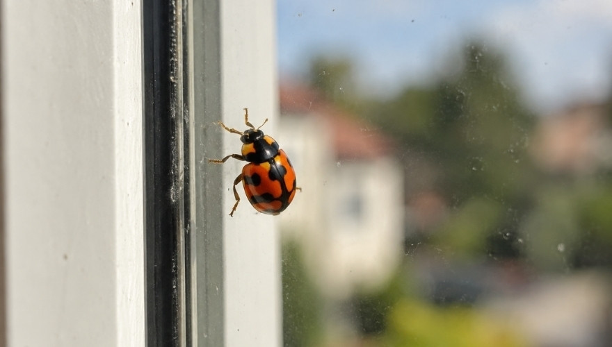 Orange and black Asian lady beetle crawling on window glass near the frame, illustrating where to find and remove Asian lady beetles from a home.