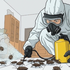 A worker in a white hazmat suit and respirator sprays insecticide from a yellow canister at stink bugs