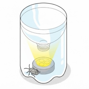 A small gray insect sits at the bottom of a clear glass