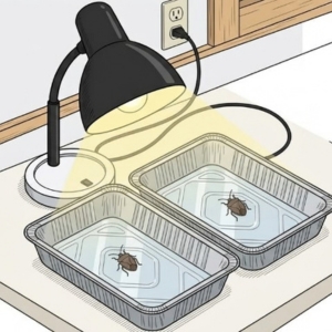 A black desk lamp shines over two shallow trays containing water and small insects