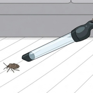 Vacuum hose aimed toward a small brown bug