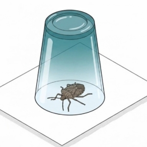 A brown insect is trapped beneath an inverted glass on a white paper