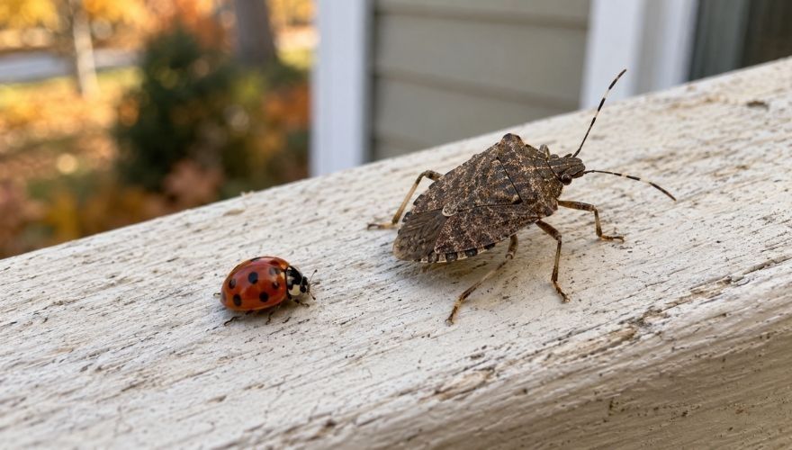 Brown marmorated stink bug and orange Asian lady beetle with black spots resting on a weathered wooden railing outside a house.