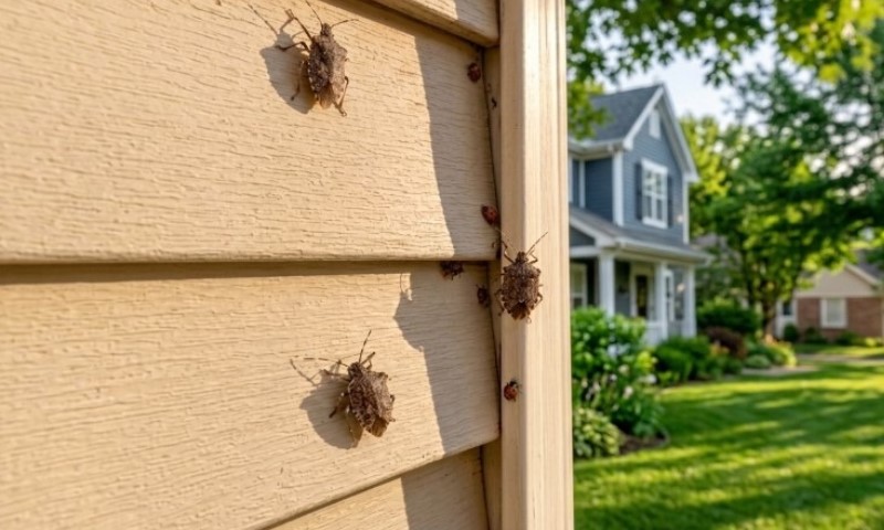 Several brown stink bugs cling to sunlit beige house siding